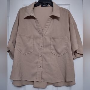 Cider | Collar Pocket Short Sleeve Crop Blouse Khaki 1XL